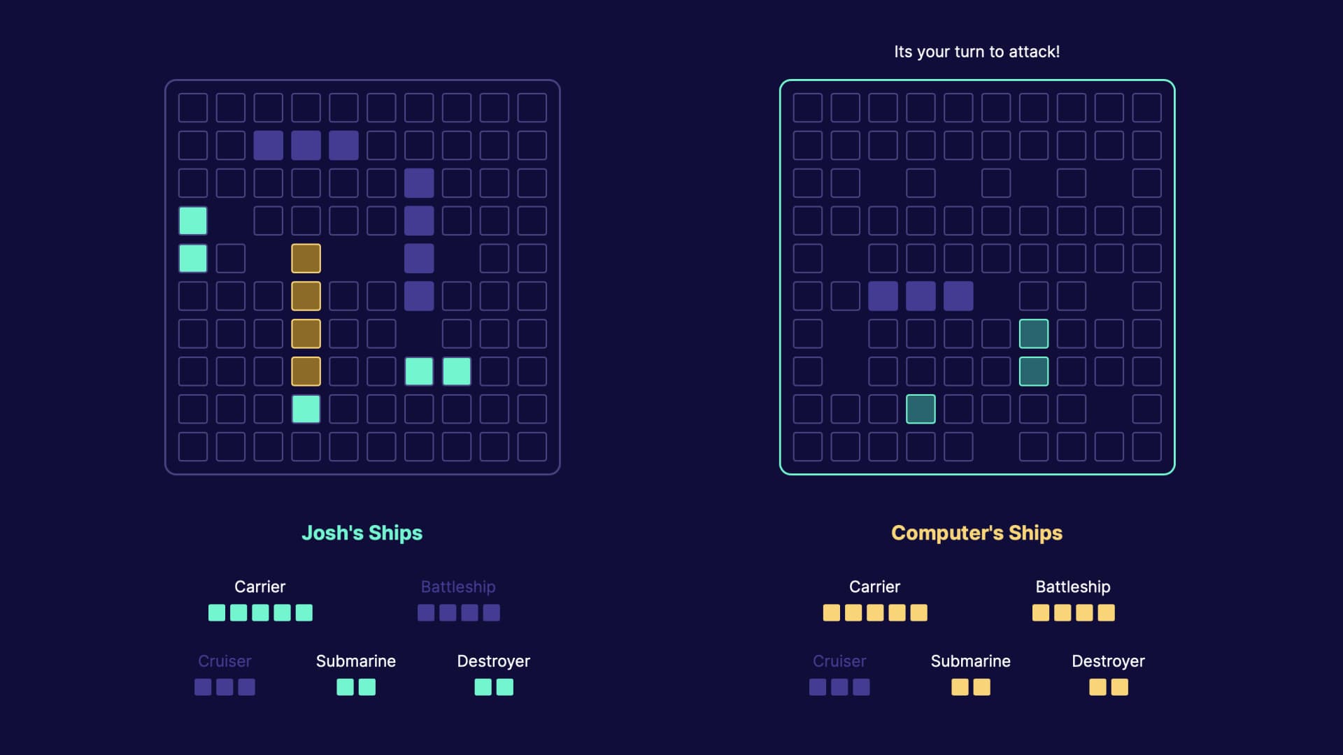 Screenshot of Battleships game interface