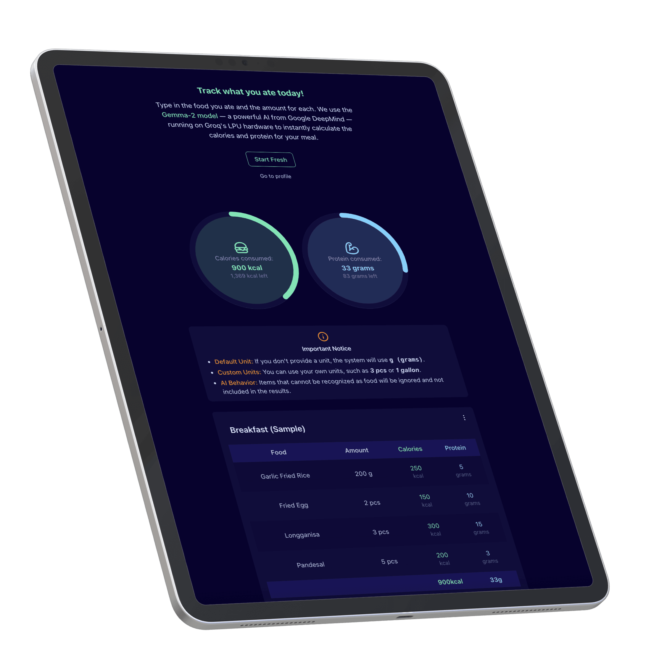 Ipad mockup of AI Macro Calculator project.